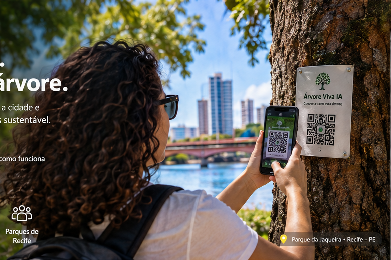 Pessoa escaneando QR de árvore em parque do Recife