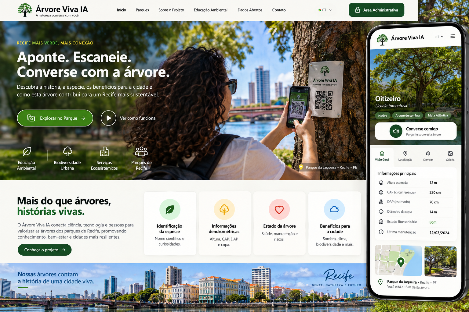 Árvore Viva IA em Recife: visitante escaneando QR Code de uma árvore